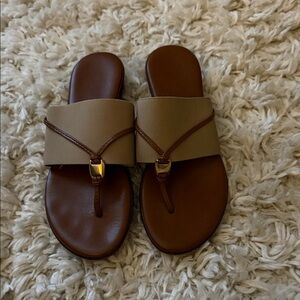 Women’s Tan and Brown Slide Sandals with Gold Accent